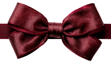 A close up of a shiny burgundy ribbon tied in a bow against a isolated on white  or transparent background.