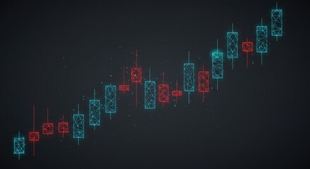 Fototapeta premium Japanese candlesticks made of dots and lines on dark gray background, symbolizing stock market and investment in low-poly 3D wireframe vector style. 