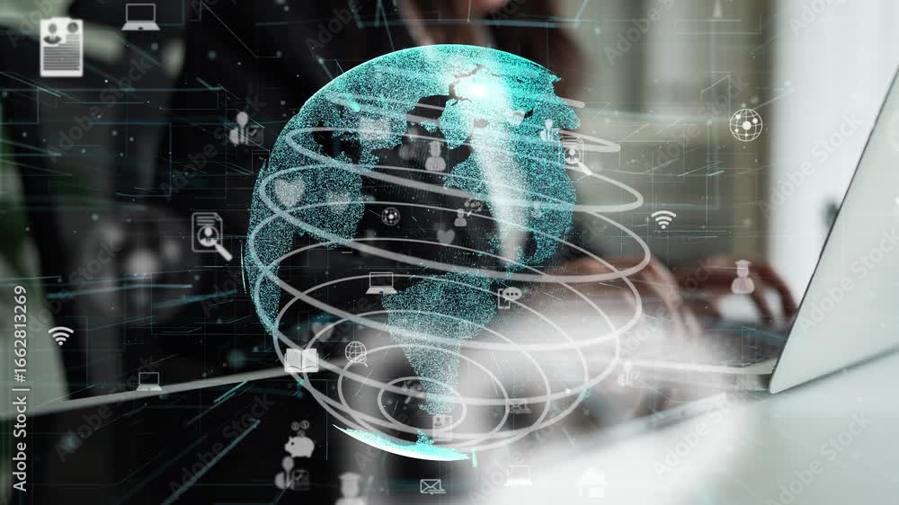 Poster a stunning representation of digital global connectivity, showcasing technology icons that symbolize