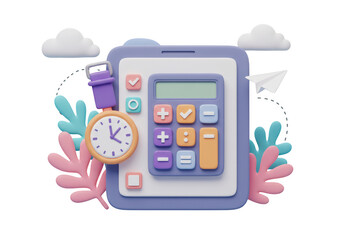 3d illustration of a tablet with a calculator, clock, and decorative plants, symbolizing financial calculation and time management, isolated on transparent background