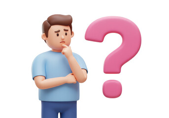 3d cartoon man with a pink question mark floating above his head, isolated on transparent background, symbolizing confusion and thought