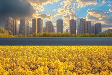 Obraz premium Bright yellow flower field in front of a forest and tall city apartment buildings under a dramatic cloudy sky during sunset