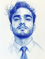 Detailed blue ink portrait of a confident young man with wavy hair, beard, and mustache wearing a collared shirt and tie looking slightly upward