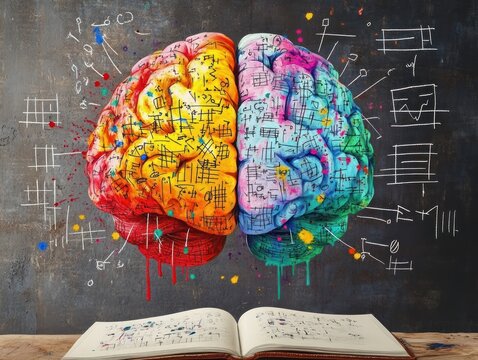 Colorful artistic illustration of a human brain with left and right hemispheres painted in vibrant colors and covered with scientific mathematical formulas and symbols above an open notebook