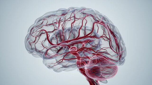 Detailed Human Brain Anatomy Transparent Cerebral Tissue Red Blood Vessels