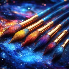 Obraz premium Close-up of six colorful paintbrushes with vibrant paint on bristles lying on a sparkling blue and purple textured surface, evoking creativity and artistic inspiration