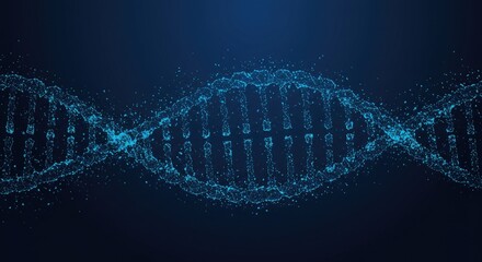 Abstract holographic DNA helix held in a digital hand on blue background, symbolizing medical and science concepts in futuristic low-poly wireframe style.
