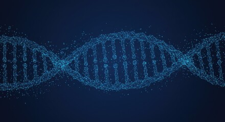 Abstract holographic DNA helix held in a digital hand on blue background, symbolizing medical and science concepts in futuristic low-poly wireframe style.
