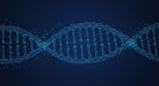 Abstract holographic DNA helix held in a digital hand on blue background, symbolizing medical and science concepts in futuristic low-poly wireframe style.
