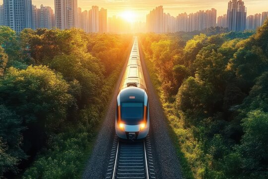 Modern passenger train traveling on railway tracks through dense green trees towards a glowing sunset with tall city buildings in the background