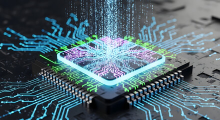 Illuminated Processor: Exploring the Pathways of Digital Data and Electronic Circuitry within Advanced Computing Hardware showcasing technological complexity