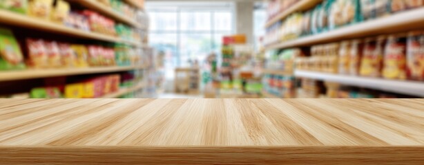The wooden countertop in a grocery store aisle filled with vibrant products.