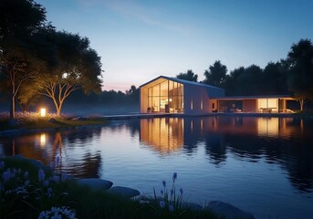 Obraz premium Modern house reflecting in a lake at dusk surrounded trees