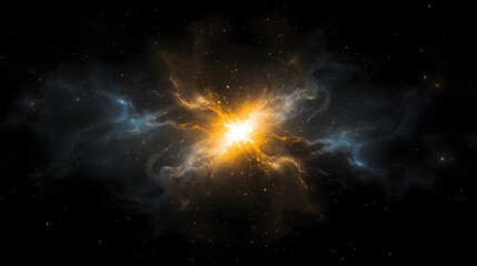 Cosmic explosion of glowing nebula in deep space with radiant orange and blue energy clouds, abstract interstellar background representing galaxy, universe, and star formation