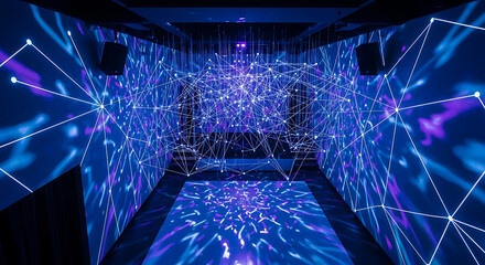 Illuminated room with geometric patterns projected on walls ceiling and floor creating a futuristic space ai generated
