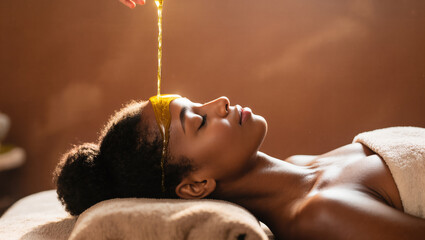 Relaxing ayurvedic experience with shirodhara oil therapy on serene woman.