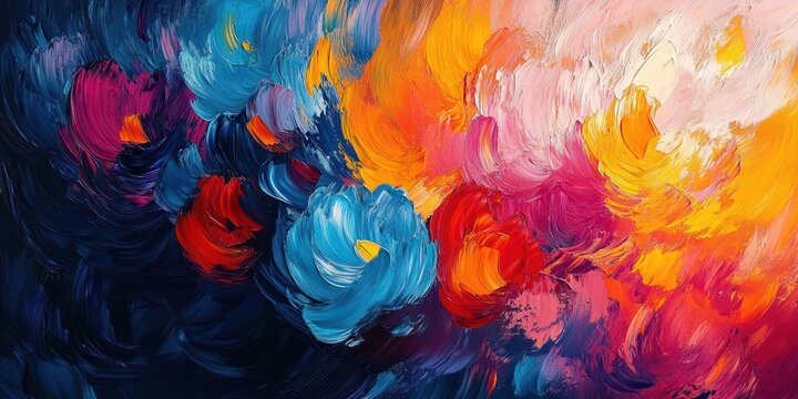 Vibrant abstract painting with swirling thick brushstrokes in shades of blue, red, orange, pink, and yellow creating dynamic and energetic movement - Powered by Adobe
