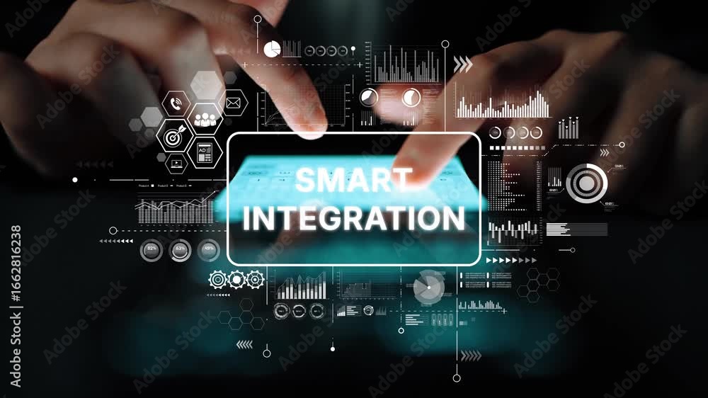 Poster digital hands interacting with a glowing smartphone displaying smart integration technology concepts