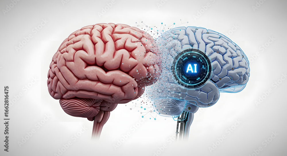 Aufkleber conceptual illustration of human and artificial intelligence merging, depicting the symbiotic relati
