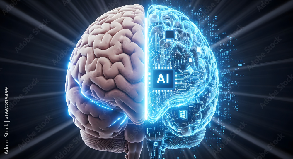 Poster the confluence of human intellect and algorithmic capability visualized as a divided cerebral organ 