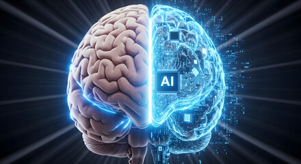 The confluence of human intellect and algorithmic capability visualized as a divided cerebral organ highlighting the partnership between cognition and artificial intelligence, representing the