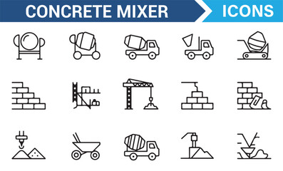 Concrete Mixing and Construction Machinery Icons for Industrial Design