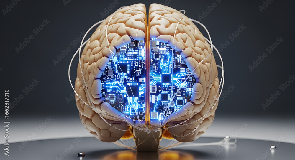 Aufkleber the convergence of neuroscience and technology displayed through an intricate brain model fused with