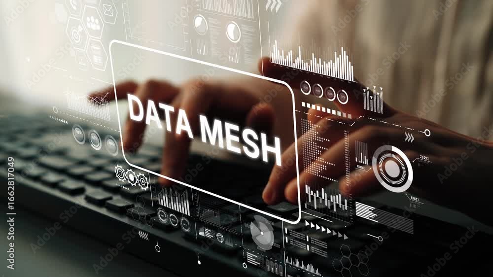Poster hands typing on keyboard with digital interface and data mesh concept in background. asymptotic smar