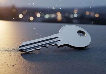 A silver key resting on a surface with bokeh background