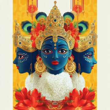 Illustration of a three-faced blue-skinned deity adorned with a golden jeweled crown, large earrings, red flowers, and white garland set against a golden patterned background