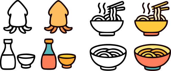 Asian Food and Drink Doodle Icons Set.