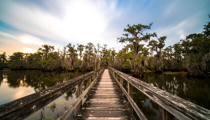 Wooden boardwalk through a swamp at sunset