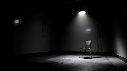 Dark interrogation room with a single chair under spotlight, cinematic crime drama