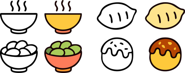Cute Food Icons Bowls Dumplings and More.