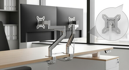 Dual monitors mounted on a silver adjustable arm attached to a desk in a modern office space setup ai generated