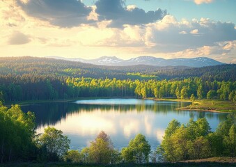 Fototapeta premium Peaceful lake surrounded by dense green forest with snow-capped mountains in the background under a partly cloudy sky during golden hour