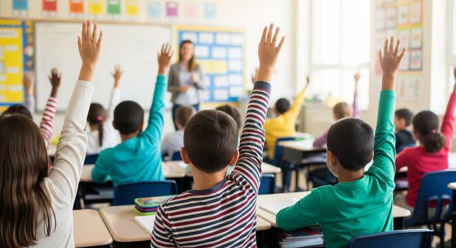 Children raise their hand in a classroom during a class