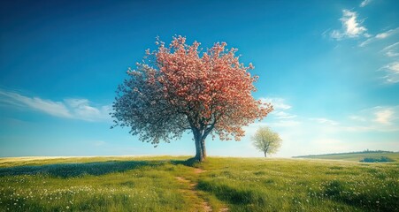 A peaceful landscape with a single blossoming tree in full pink and white flowers standing on a grassy hill under a bright blue sky with scattered clouds