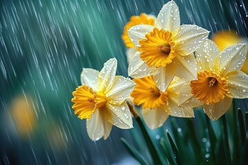 close-up of vibrant yellow and white daffodil flowers with water droplets in a gentle rain © Margarita