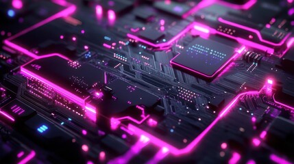 Obraz premium Close-up view of a futuristic circuit board with glowing pink neon lines and small electronic components emitting blue and pink lights, creating a high-tech atmosphere