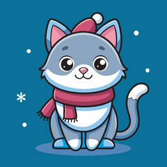 Cute Cartoon Cat Wearing a Winter Hat and Scarf Illustration