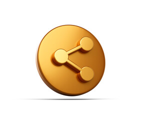 3D Golden circular icon with a share symbol, representing content sharing. 3D Illustration.