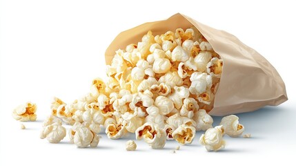 Spilled popcorn overflowing from a brown paper bag against a white background