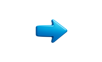 A bright blue glossy three dimensional arrow pointing to the right indicating direction and progress isolated on transparent background