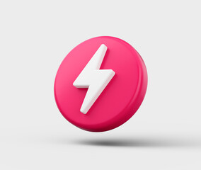 Pink icon with a white lightning bolt symbol, symbolizing energy, power and speed, 3d illustration