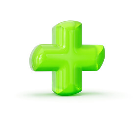 3D Glossy green plus sign for growth, health, and positive concepts. 3D illustration