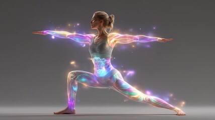 Radiant Energy Flows Through a Woman's Body in a Luminous Warrior Yoga Pose Visualization - Powered by Adobe
