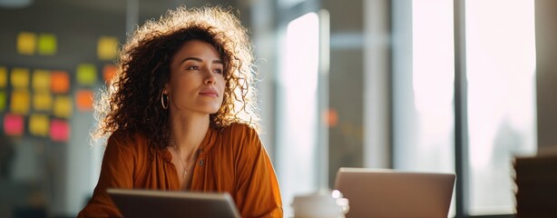 The thoughtful woman in a modern workspace engaging with her ideas.