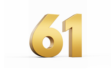 3D Golden number 61 Sixty one isolated on white background, 3d illustration
