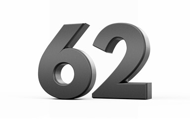 Sleek metallic Black number 62 Sixty two standing on a white background, 3d illustration